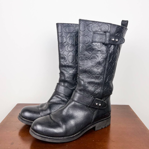 Coach Shoes - COACH VIRGINIA LOGO EMBOSSED BLACK MOTO MID CALF BOOTS SILVER BUCKLE WOMEN SZ 7